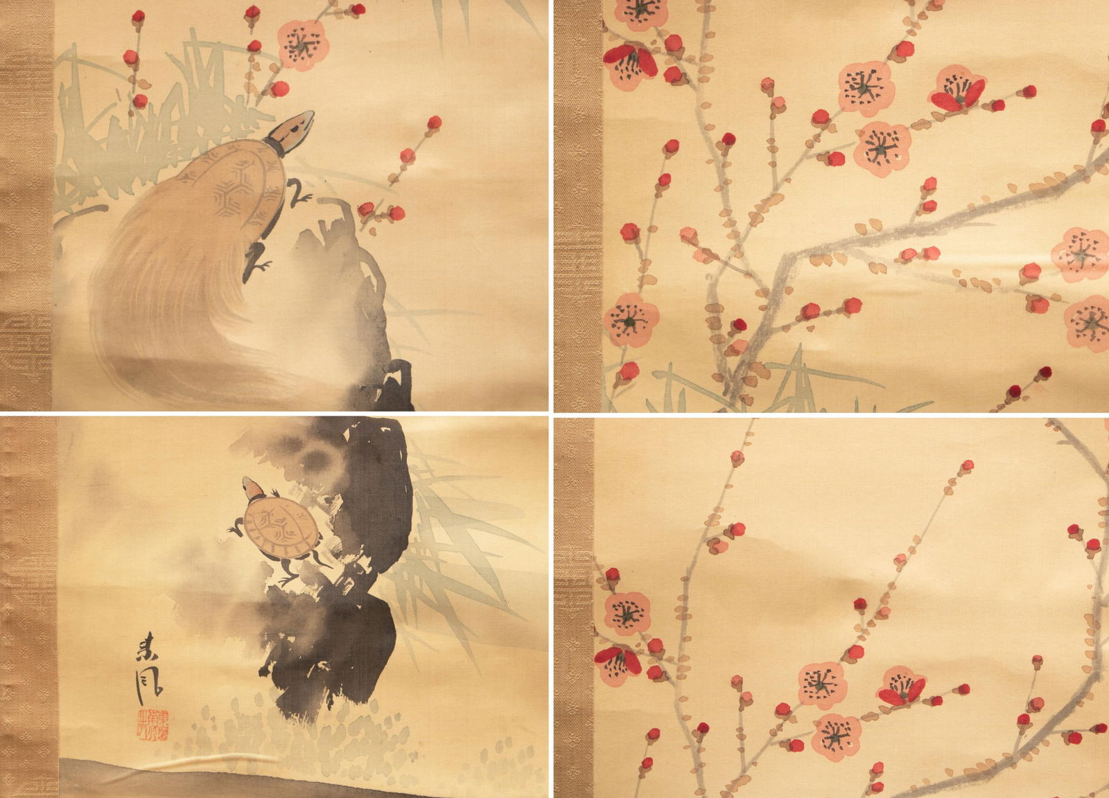 Early 1900s Meiji Era Japanese Watercolor Scroll Paintings in Original Box "Turtles and Crane", a Pa - 7