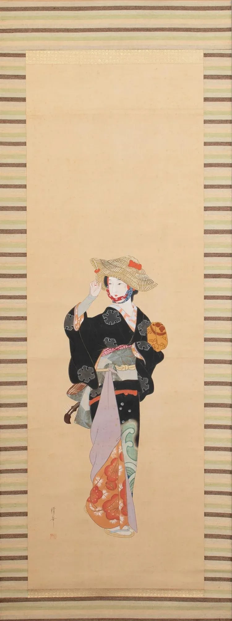 Early 20th Century Meiji to Early Showa Era Japanese Watercolor Silk Scroll Painting, "Torii Onna" i - 2