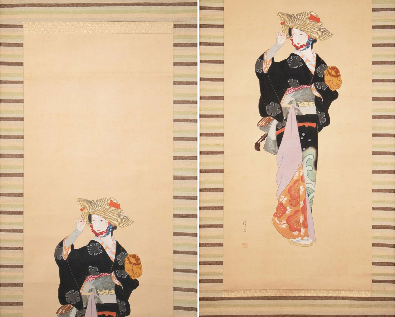 Early 20th Century Meiji to Early Showa Era Japanese Watercolor Silk Scroll Painting, "Torii Onna" i - 4