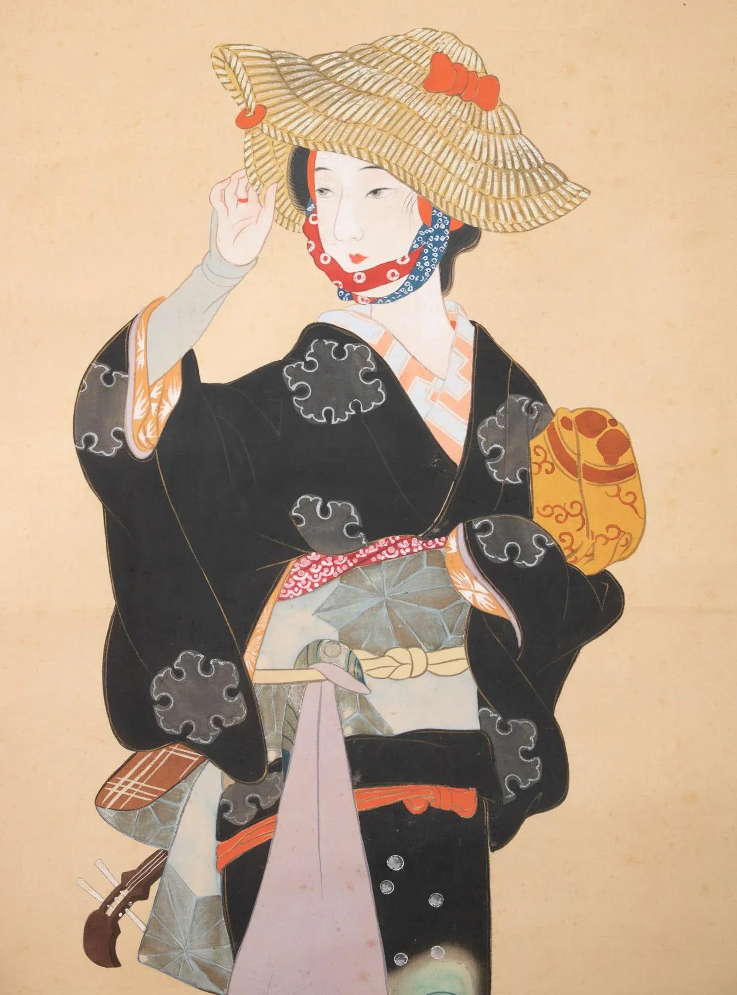 Early 20th Century Meiji to Early Showa Era Japanese Watercolor Silk Scroll Painting, "Torii Onna" i - 5