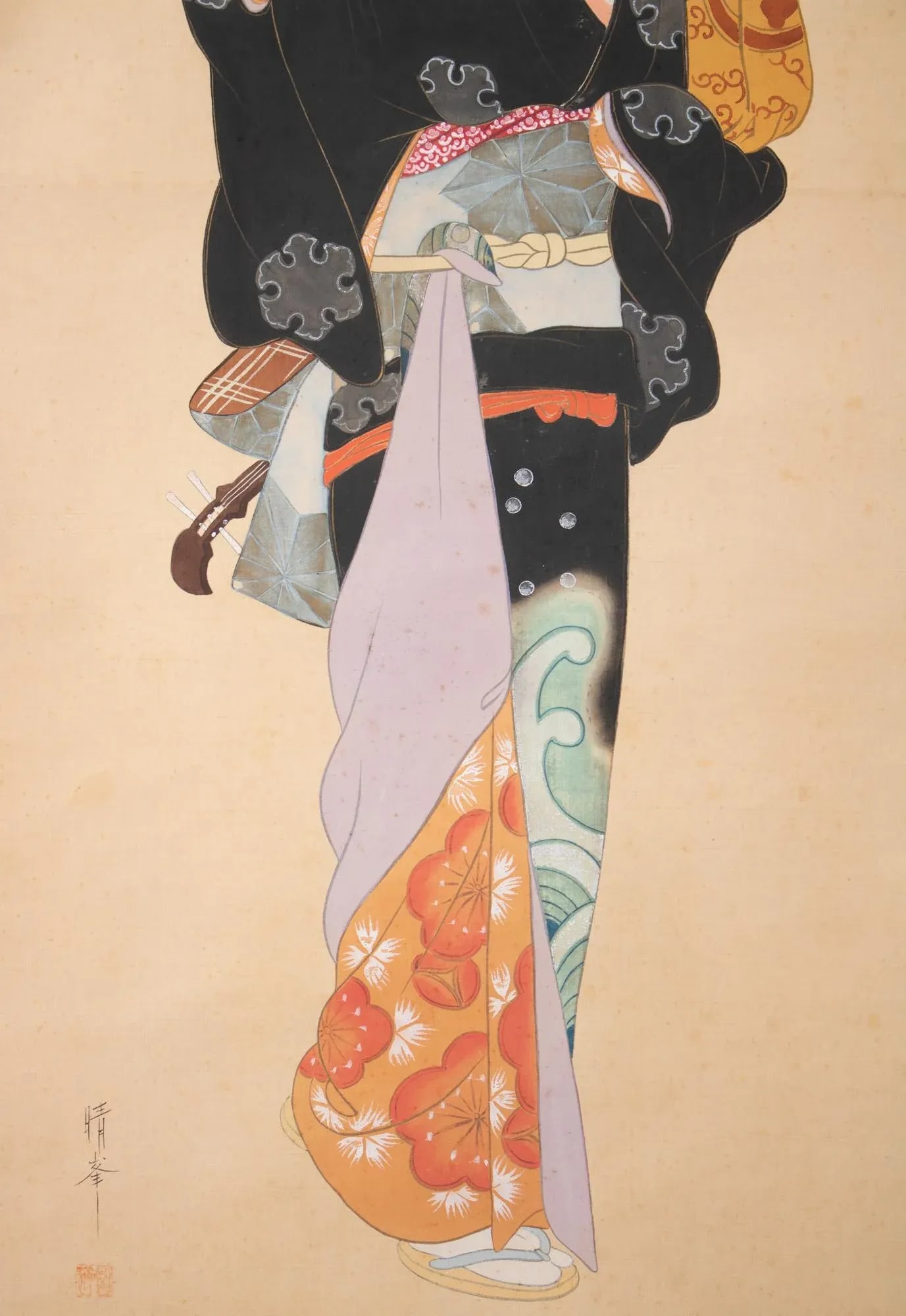 Early 20th Century Meiji to Early Showa Era Japanese Watercolor Silk Scroll Painting, "Torii Onna" i - 6