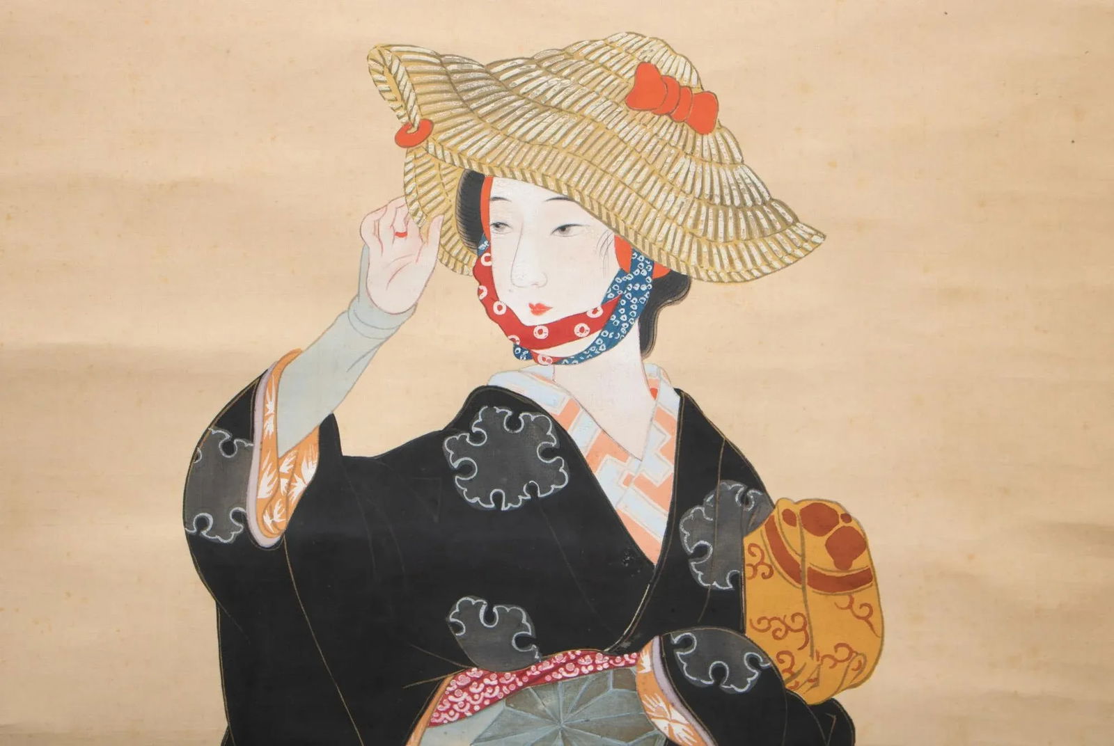 Early 20th Century Meiji to Early Showa Era Japanese Watercolor Silk Scroll Painting, "Torii Onna" i - 7