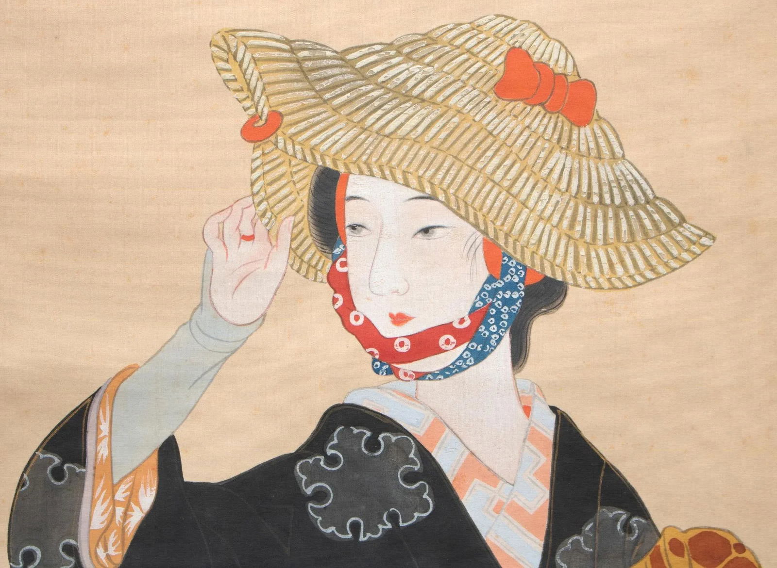 Early 20th Century Meiji to Early Showa Era Japanese Watercolor Silk Scroll Painting, "Torii Onna" i - 8