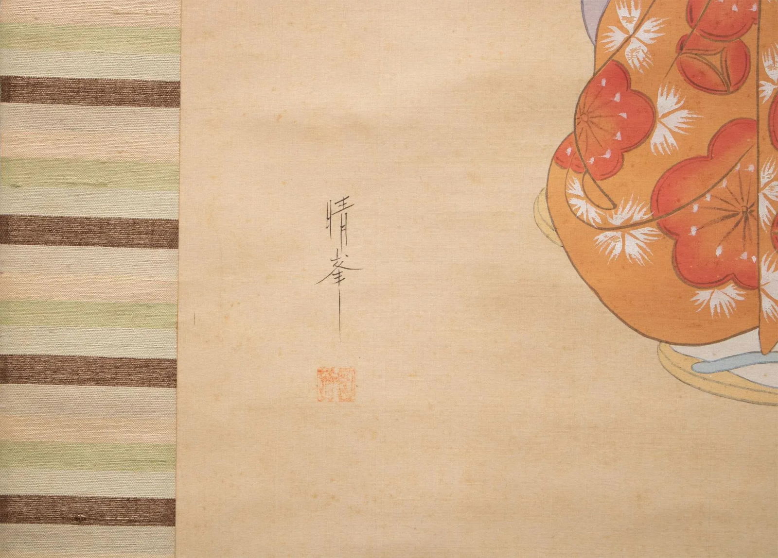 Early 20th Century Meiji to Early Showa Era Japanese Watercolor Silk Scroll Painting, "Torii Onna" i - 9