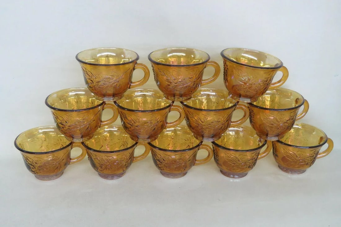 Vintage Indiana Harvest Grape Amber Carnival Glass Set of 12 Punch Cups With Box - Set of 13 - 11