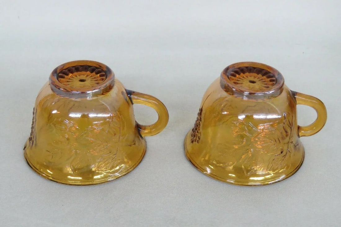 Vintage Indiana Harvest Grape Amber Carnival Glass Set of 12 Punch Cups With Box - Set of 13 - 12