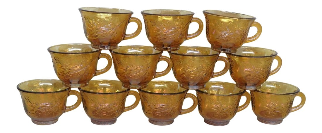 Vintage Indiana Harvest Grape Amber Carnival Glass Set of 12 Punch Cups With Box - Set of 13 (1 of 13)