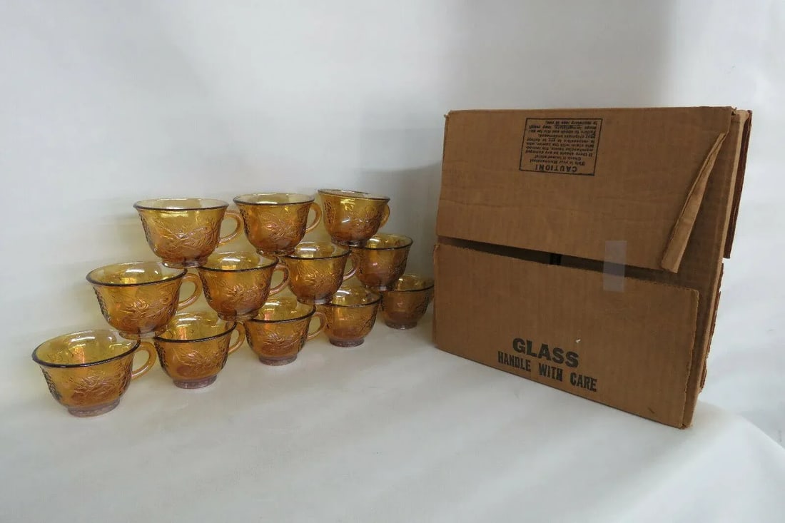 Vintage Indiana Harvest Grape Amber Carnival Glass Set of 12 Punch Cups With Box - Set of 13 - 2