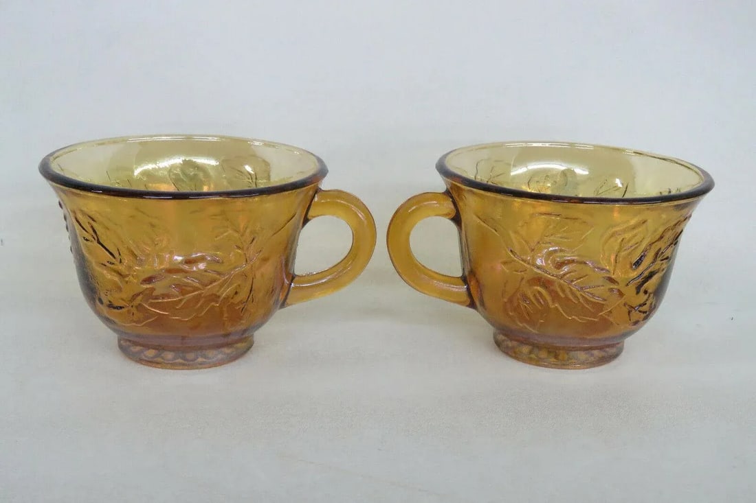 Vintage Indiana Harvest Grape Amber Carnival Glass Set of 12 Punch Cups With Box - Set of 13 - 3