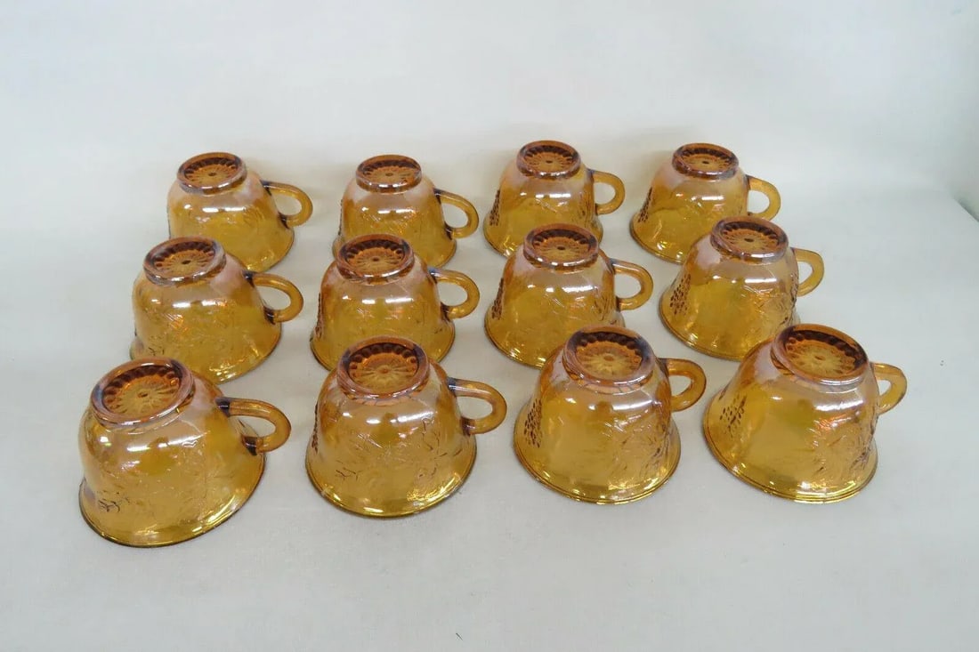 Vintage Indiana Harvest Grape Amber Carnival Glass Set of 12 Punch Cups With Box - Set of 13 - 4