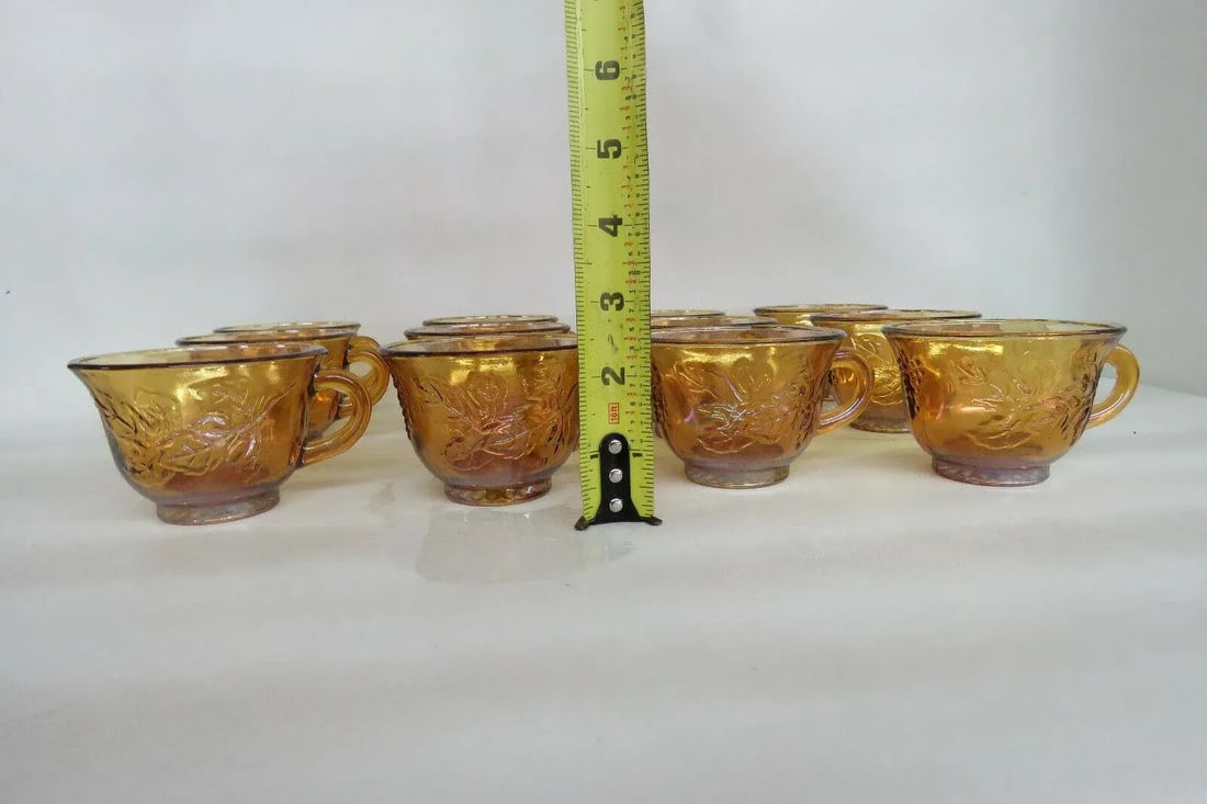 Vintage Indiana Harvest Grape Amber Carnival Glass Set of 12 Punch Cups With Box - Set of 13 - 6
