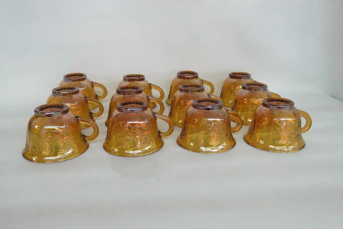 Vintage Indiana Harvest Grape Amber Carnival Glass Set of 12 Punch Cups With Box - Set of 13 - 7