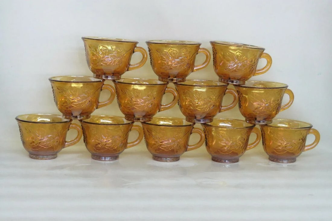 Vintage Indiana Harvest Grape Amber Carnival Glass Set of 12 Punch Cups With Box - Set of 13 - 9