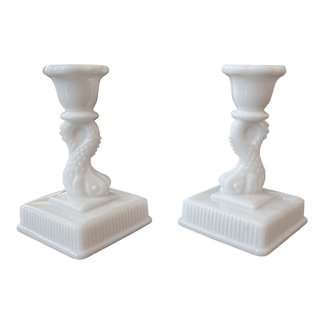 1940s White Milk Glass Dolphin Candlestick Holders by Imperial Glass - a Pair (1 of 9)