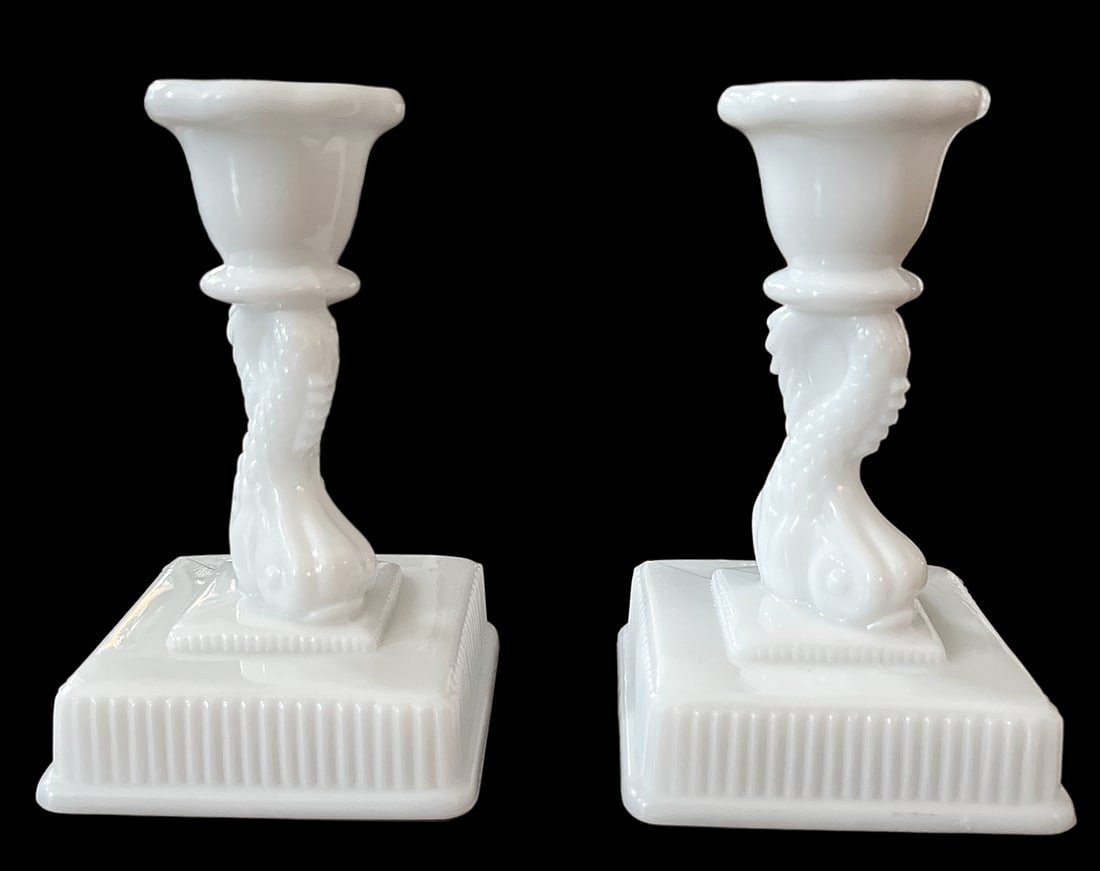 1940s White Milk Glass Dolphin Candlestick Holders by Imperial Glass - a Pair - 3