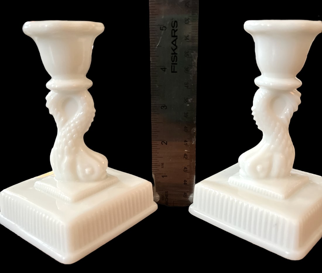 1940s White Milk Glass Dolphin Candlestick Holders by Imperial Glass - a Pair - 8