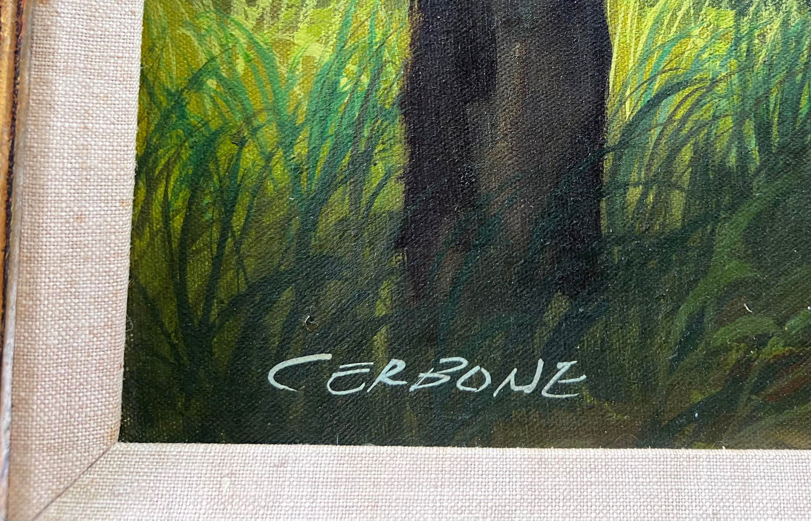 Late 20th Century Landscape Oil Painting, Covered Bridge Forest, Contemporary by Cerbone, Framed Car - 10