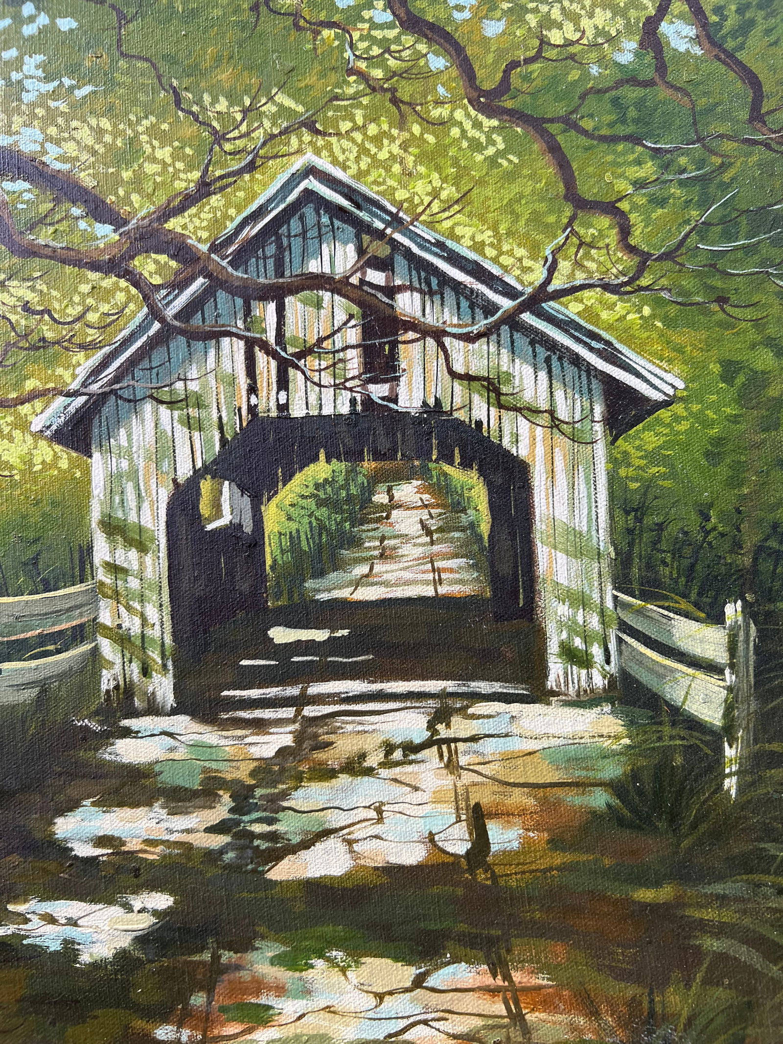 Late 20th Century Landscape Oil Painting, Covered Bridge Forest, Contemporary by Cerbone, Framed Car - 2