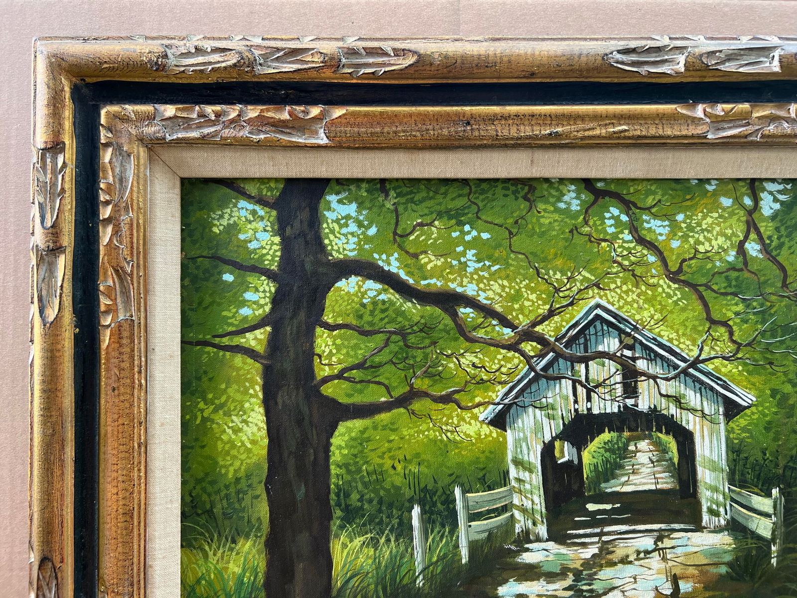 Late 20th Century Landscape Oil Painting, Covered Bridge Forest, Contemporary by Cerbone, Framed Car - 4