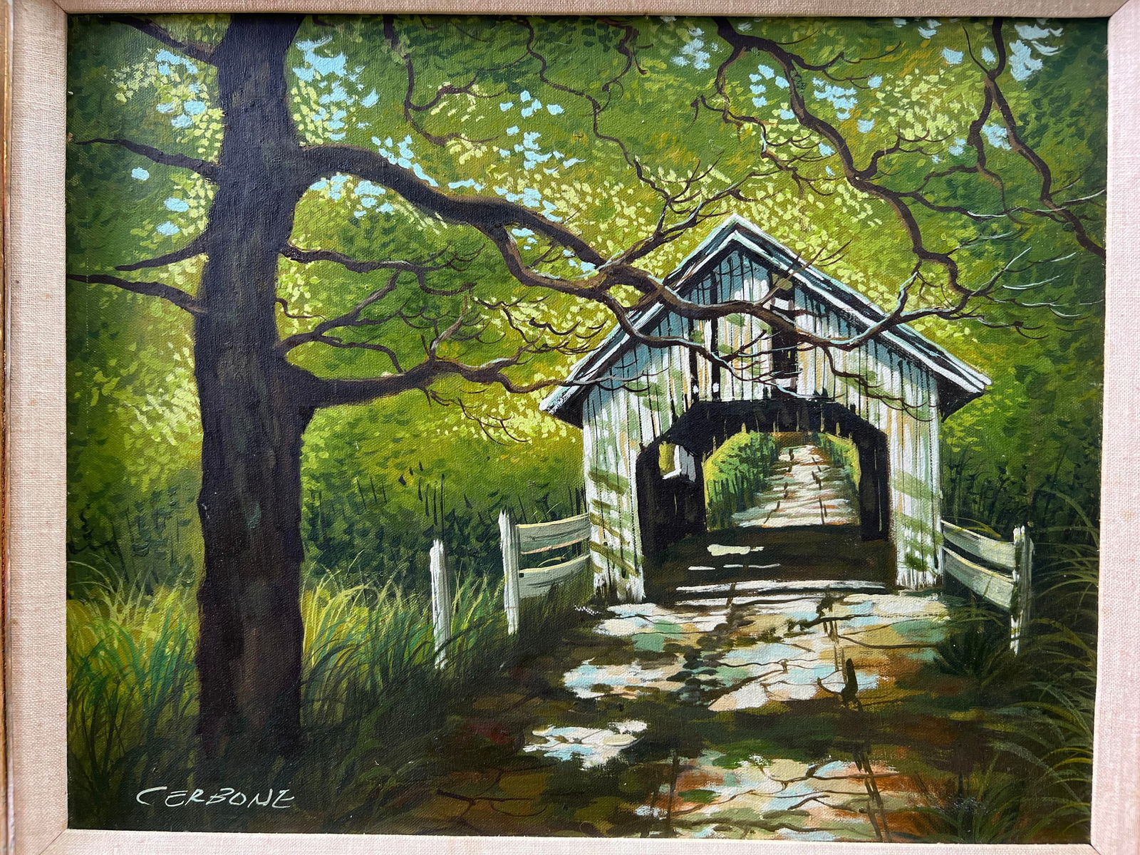 Late 20th Century Landscape Oil Painting, Covered Bridge Forest, Contemporary by Cerbone, Framed Car - 5