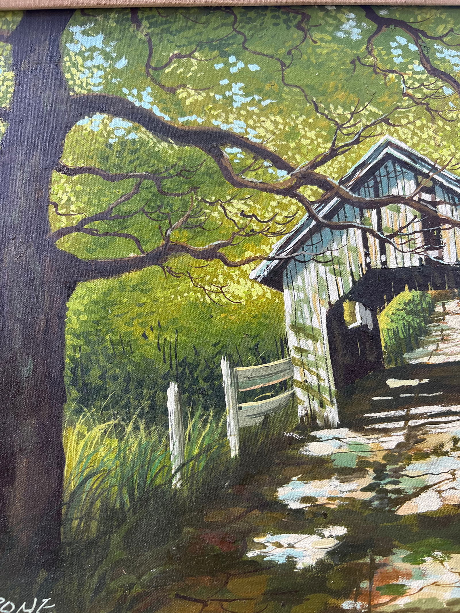 Late 20th Century Landscape Oil Painting, Covered Bridge Forest, Contemporary by Cerbone, Framed Car - 8