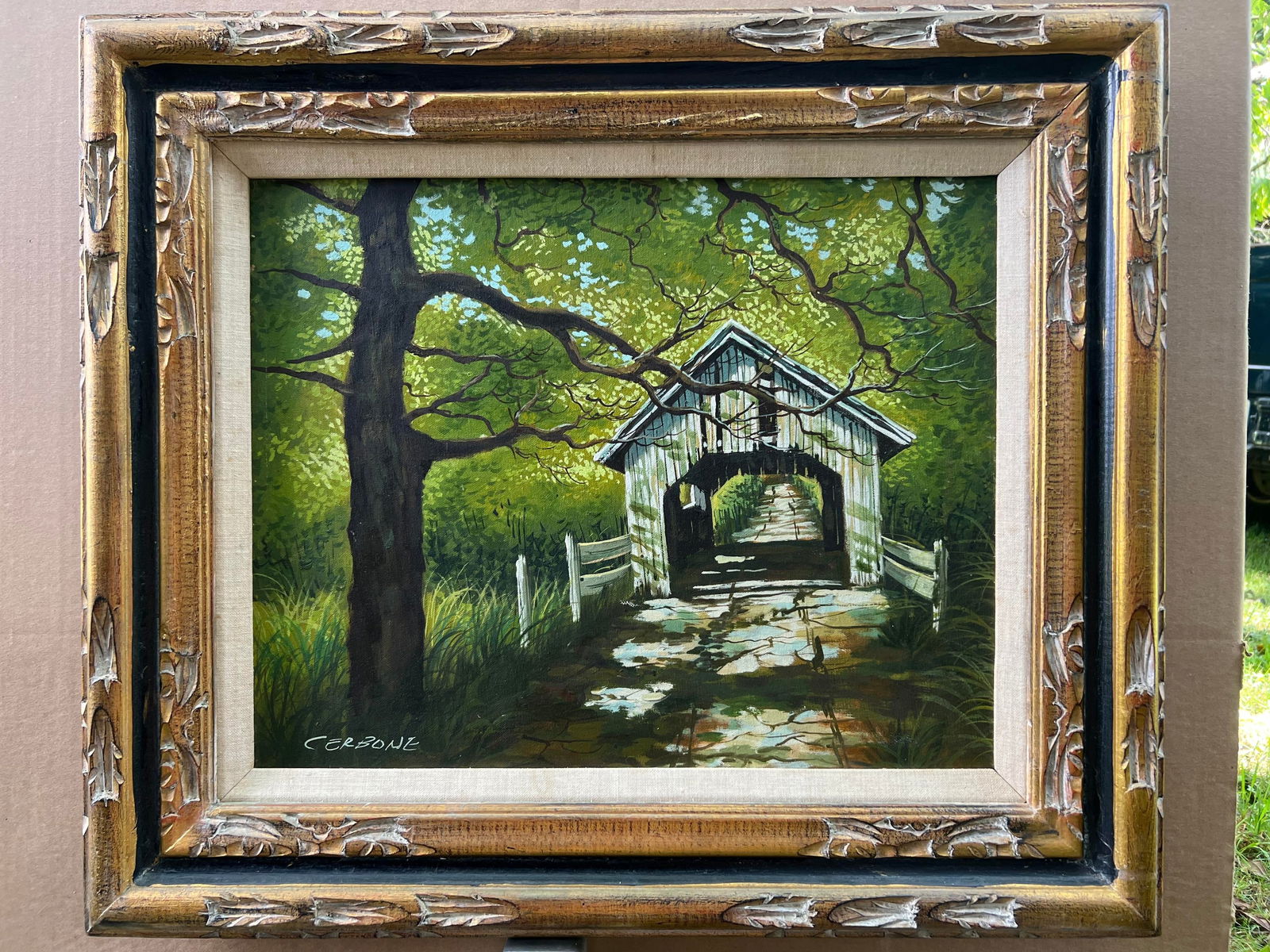 Late 20th Century Landscape Oil Painting, Covered Bridge Forest, Contemporary by Cerbone, Framed Car - 9
