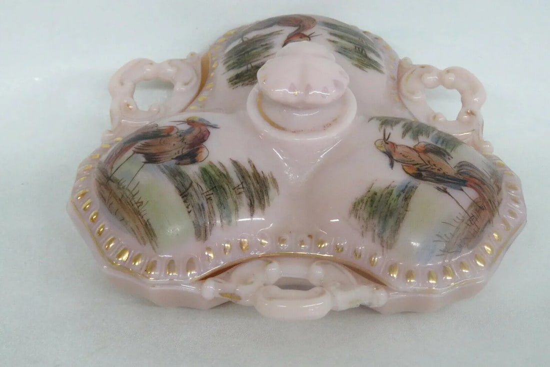 Mid 20th Century Cambridge Crown Tuscan Style Pink Glass Hand Painted Divided Candy Dish - 11
