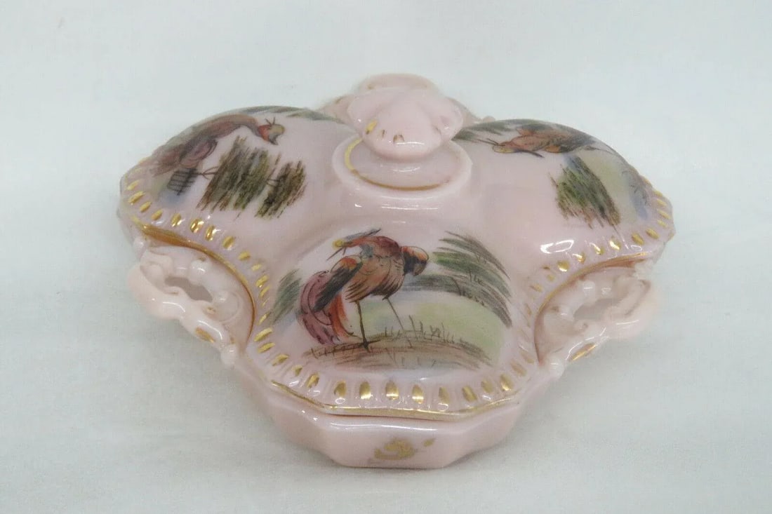 Mid 20th Century Cambridge Crown Tuscan Style Pink Glass Hand Painted Divided Candy Dish - 2
