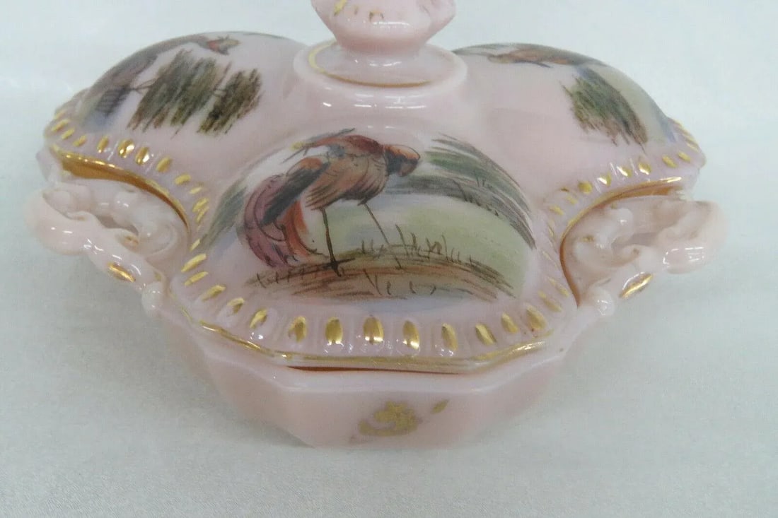 Mid 20th Century Cambridge Crown Tuscan Style Pink Glass Hand Painted Divided Candy Dish - 4