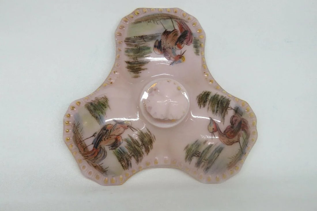 Mid 20th Century Cambridge Crown Tuscan Style Pink Glass Hand Painted Divided Candy Dish - 7