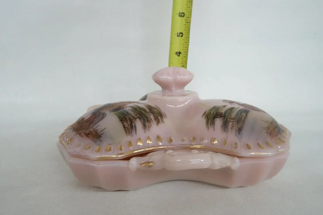 Mid 20th Century Cambridge Crown Tuscan Style Pink Glass Hand Painted Divided Candy Dish - 8