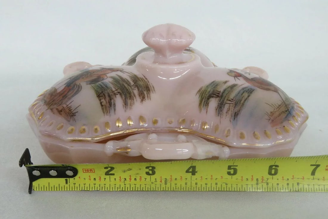Mid 20th Century Cambridge Crown Tuscan Style Pink Glass Hand Painted Divided Candy Dish - 9