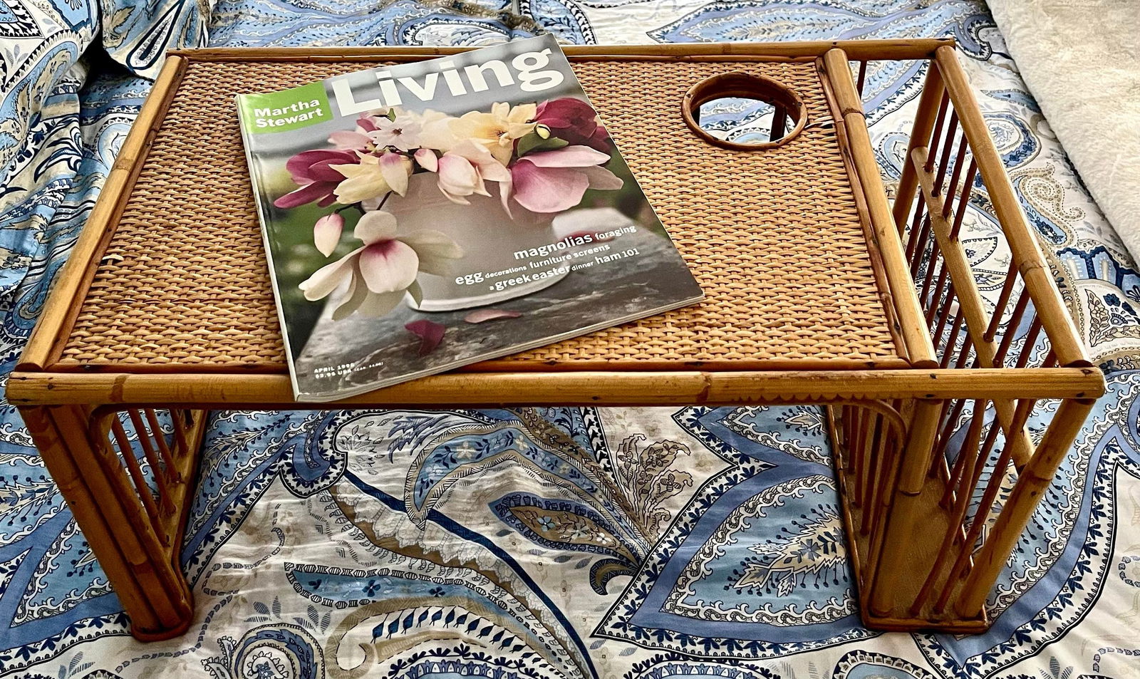 1970s Bamboo and Rattan Bed Tray Breakfast Tray With Cup Holder and Magazine / Newspaper Side Storag - 2