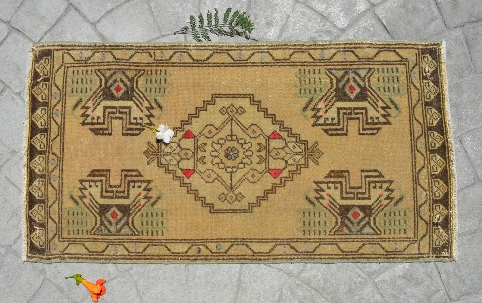 Small Turkish Rug Hand Knotted Distressed Low Pile Area Rug Faded Mat - 1'9'' X 3'4'' - 5