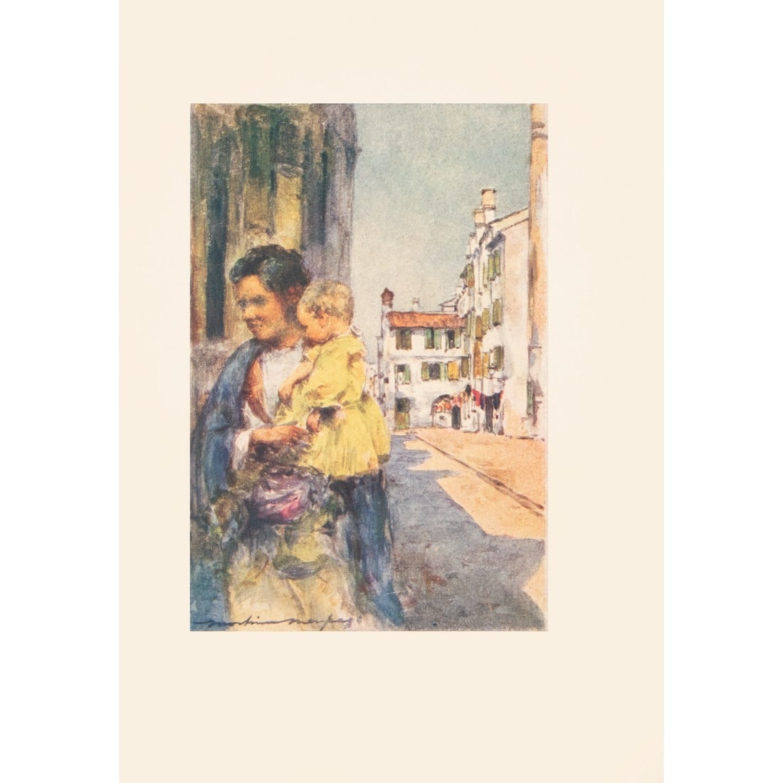 1912 Mortimer Menpes "Bambino", Original Full-Color Print of Venice: An original small period antique full-color print of Venice by Mortimer Menpes after his watercolor painting "Bambino". Printed in London, in 1912. Gold leafed top edge. Original title page is