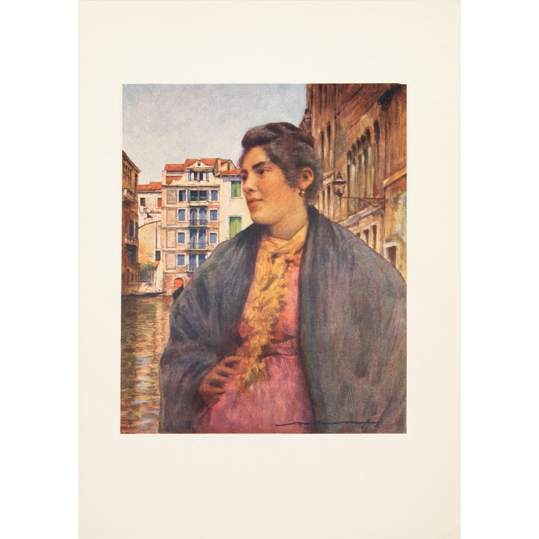 1912 Mortimer Menpes "A Woman of the People", Original Full-Color Print of Venice: An original small period antique full-color print of Venice by Mortimer Menpes after his watercolor painting "A Woman of the People". Printed in London, in 1912. Gold leafed top edge. Original title