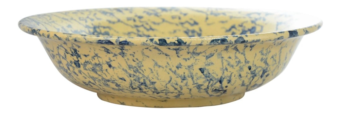 1950s Blue Sponge Glaze Yellow Clay 11" Bowl (1 of 3)