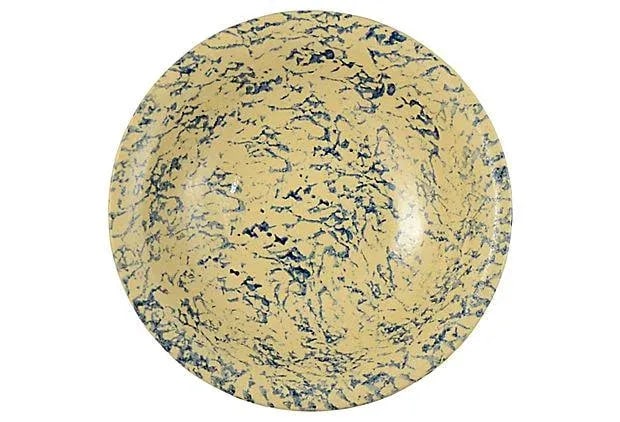 1950s Blue Sponge Glaze Yellow Clay 11" Bowl - 2