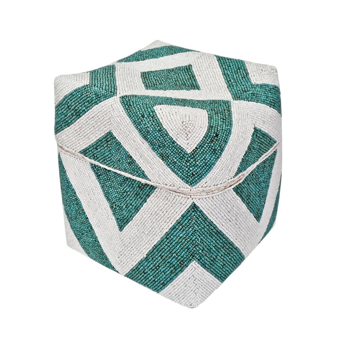 Turquoise & White Vintage Beaded Bamboo Box Large: Beautiful vintage hand beaded accessory box made from woven bamboo and intricately covered with geometric triangle patterns. Very attractive and useful to store small objects. Various sizes available