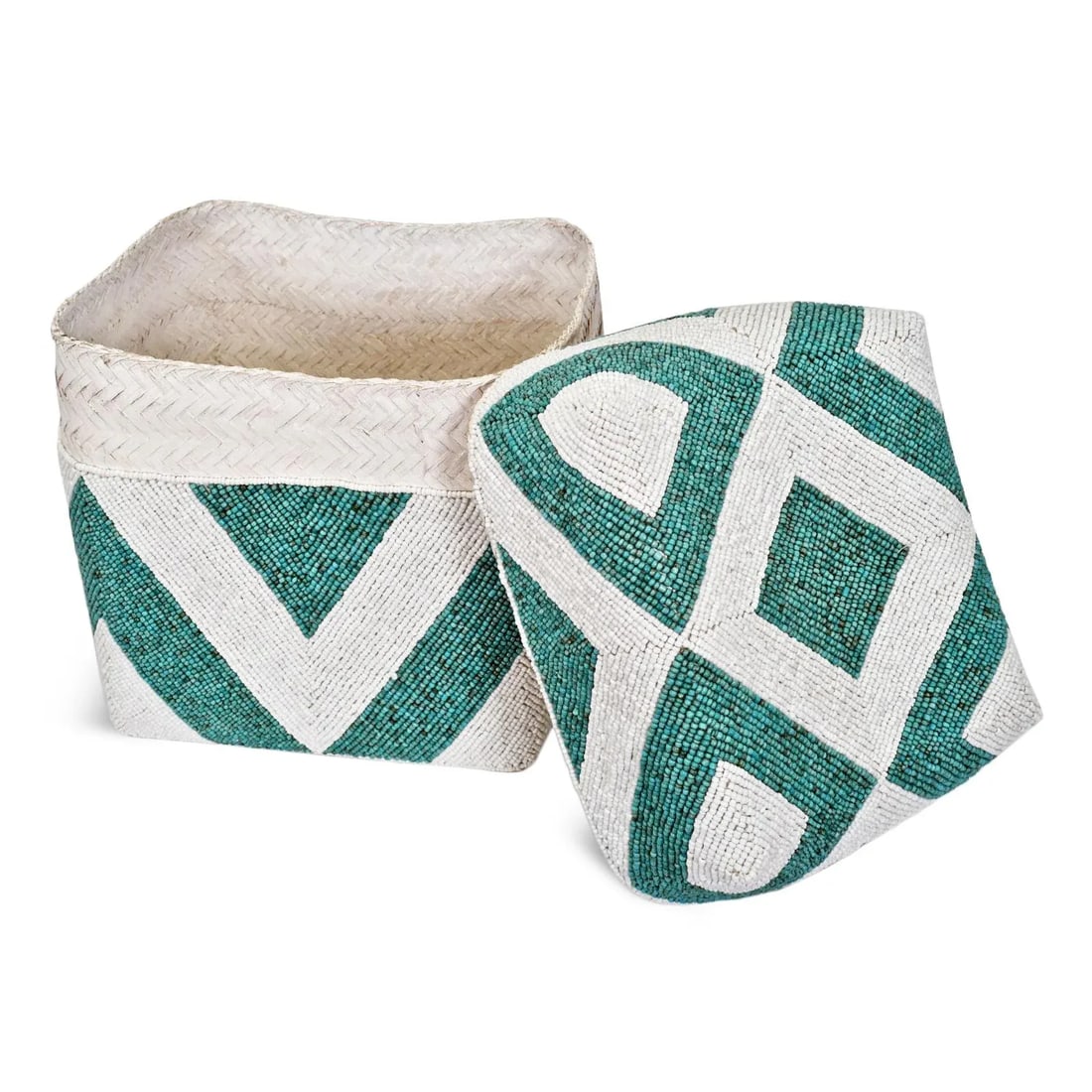Turquoise & White Vintage Beaded Bamboo Box Large - 2