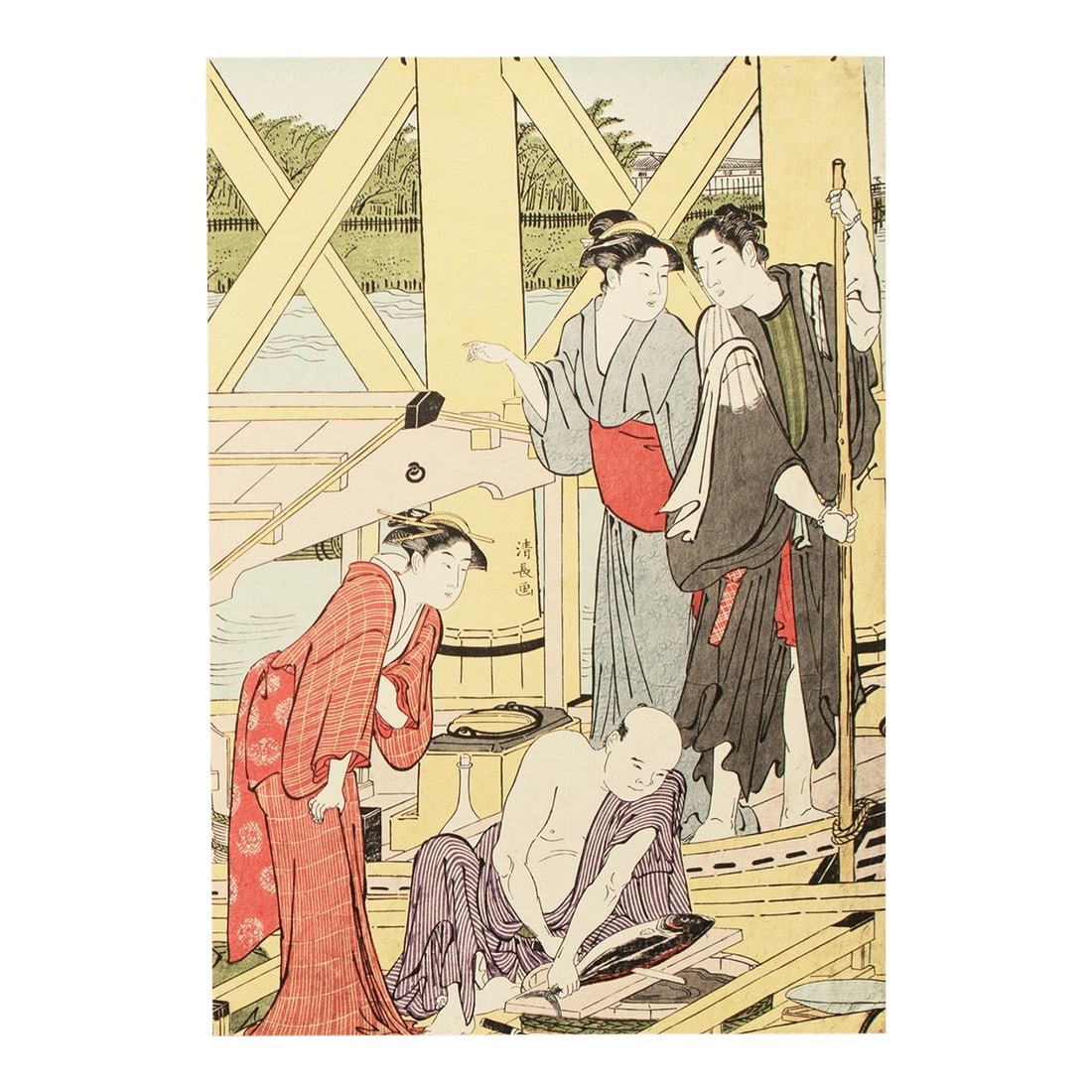 1964 After "Kiyonaga Pleasure Boating Under the Okawa Bridge", Full-Color Print From Japan: A stunning large full-color Ukiyo-E Hanga print after original woodblock print "Pleasure Boating Under the Okawa Bridge" by Kiyonaga (1752-1815), one part of Triptych. Comes from a rare Collection of
