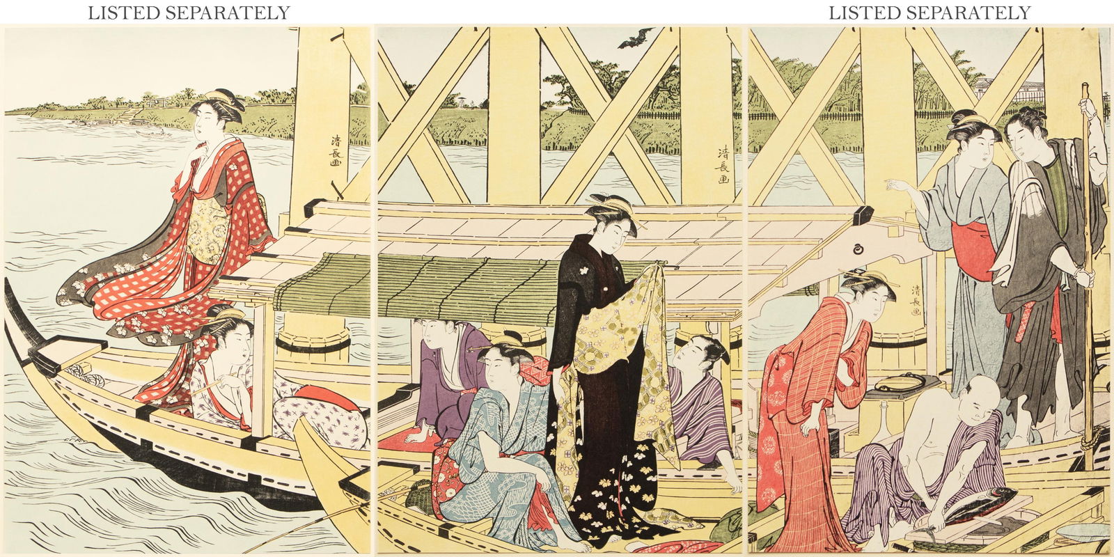 1964 After Kiyonaga "Pleasure Boating Under the Okawa Bridge", Full-Color Print From Japan - 10