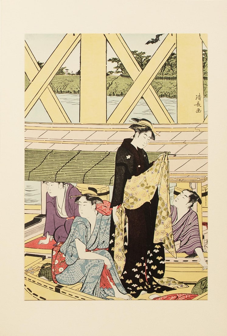 1964 After Kiyonaga "Pleasure Boating Under the Okawa Bridge", Full-Color Print From Japan - 11