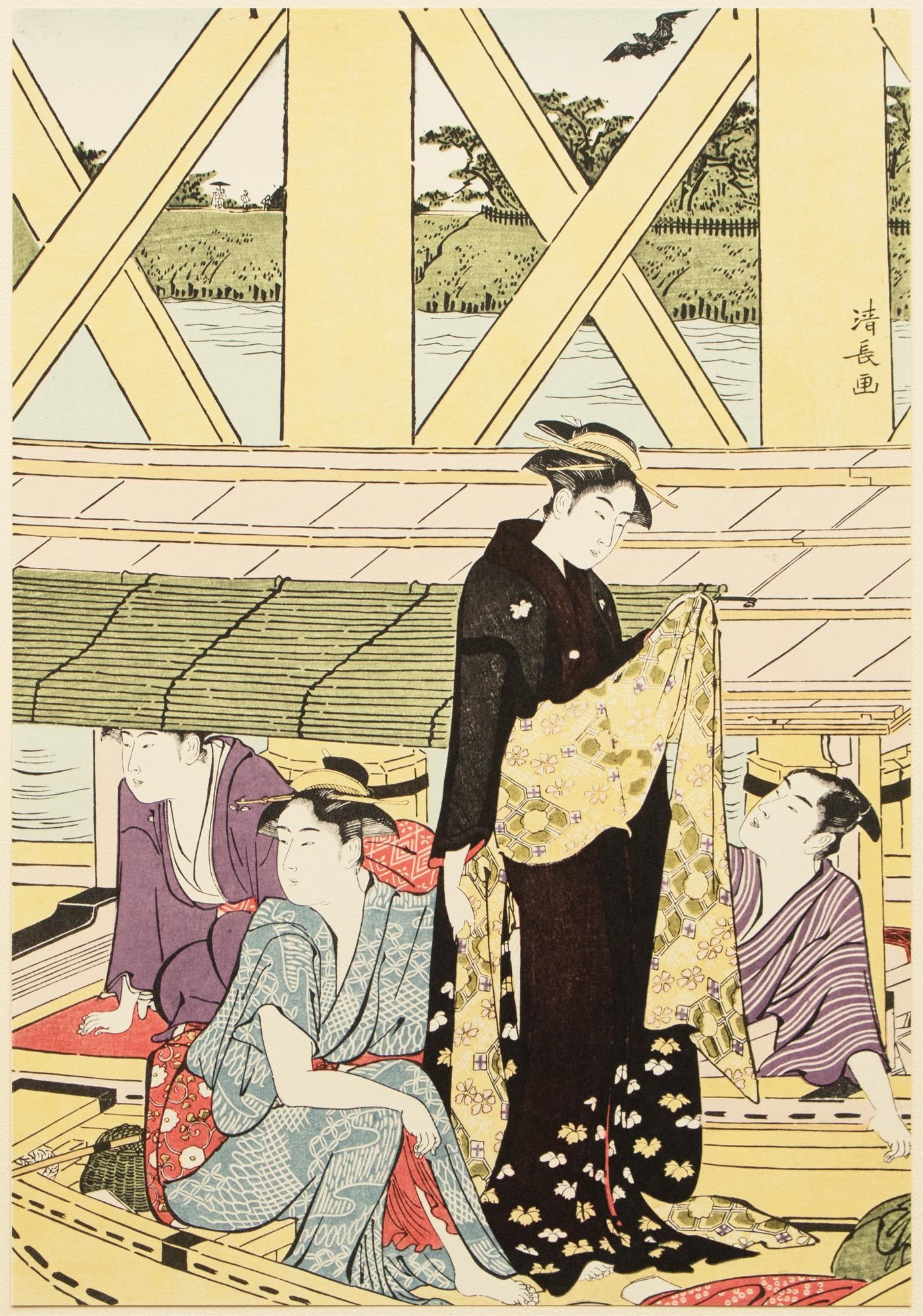 1964 After Kiyonaga "Pleasure Boating Under the Okawa Bridge", Full-Color Print From Japan - 12