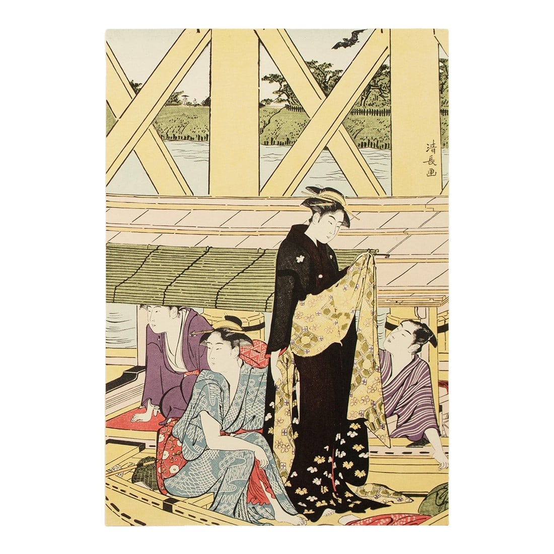 1964 After Kiyonaga "Pleasure Boating Under the Okawa Bridge", Full-Color Print From Japan: A stunning large full-color Ukiyo-E Hanga print after original woodblock print "Pleasure Boating Under the Okawa Bridge" by Kiyonaga (1752-1815), one part of Triptych. Comes from a rare Collection of