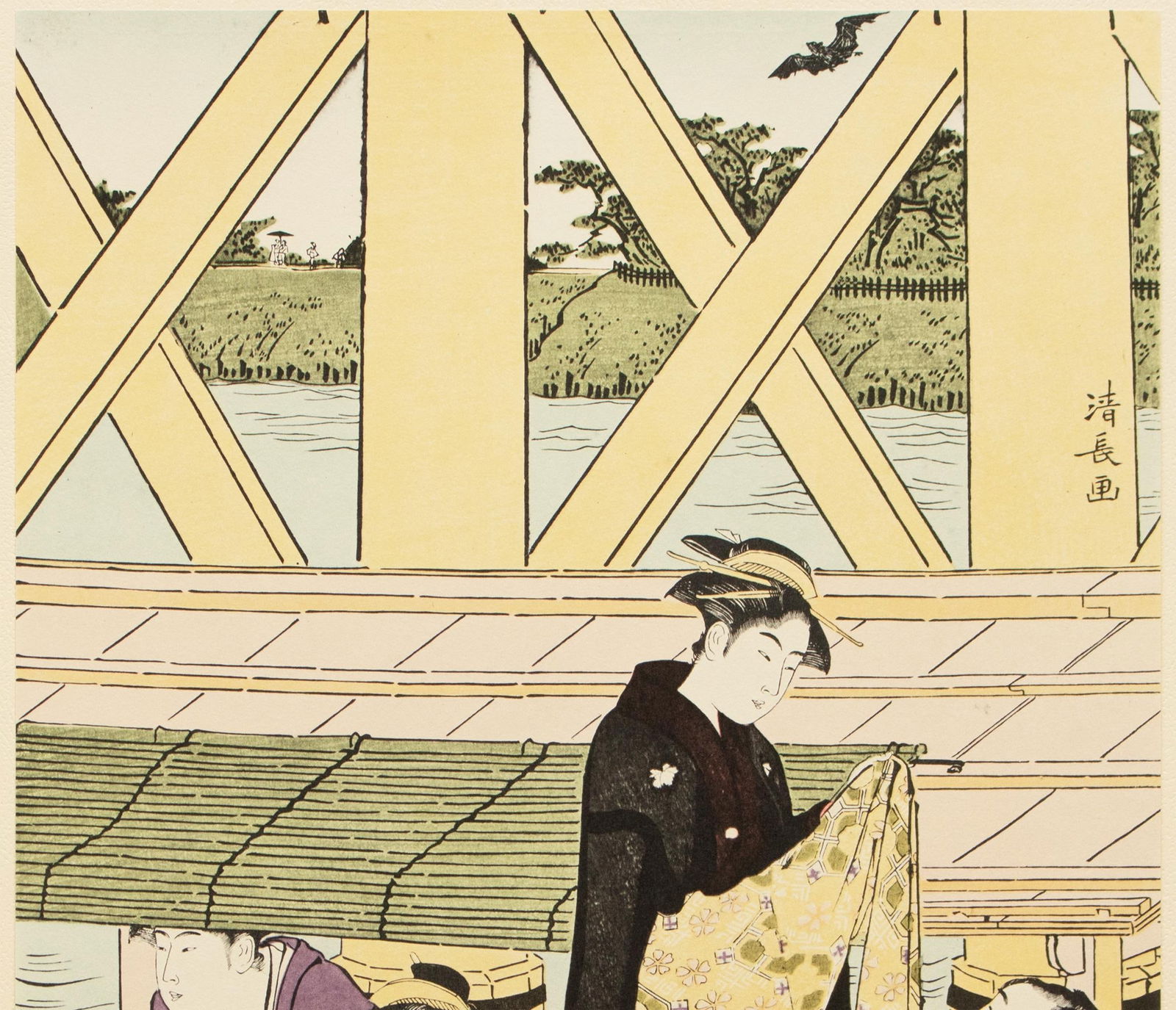 1964 After Kiyonaga "Pleasure Boating Under the Okawa Bridge", Full-Color Print From Japan - 4