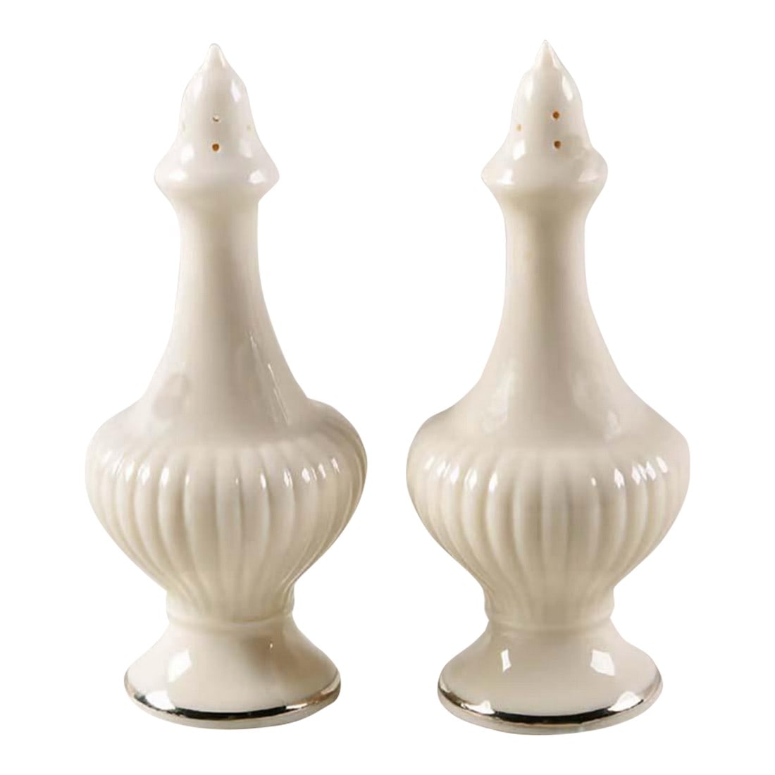 Lenox Salt & Pepper Shakers Essex Collection - Platinum Band: Pair of Lenox salt & pepper shakers from the Essex Collection. They have not been used and have original plastic stoppers. Marked Lenox Made in USA. They have a platinum band and can be used with