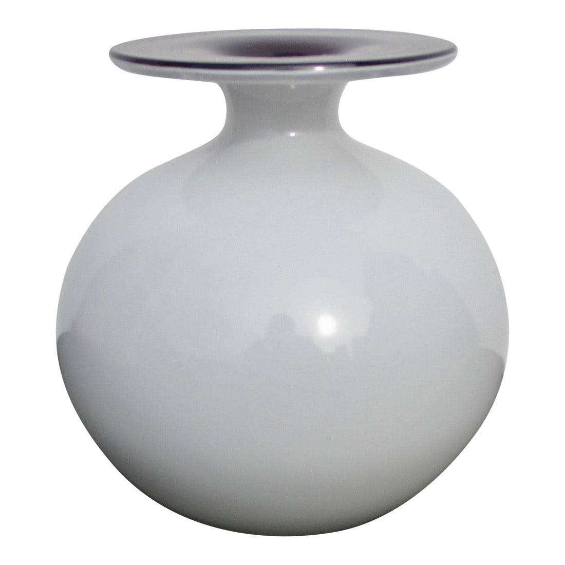 Art Glass Studio Flower Vase Circa 90s: Pearly white glass globe with a deep eggplant purple wide lip. Modern form and made to work a flower display with balanced weight to hold long stems or widespread foliage. Beautiful pearly white body