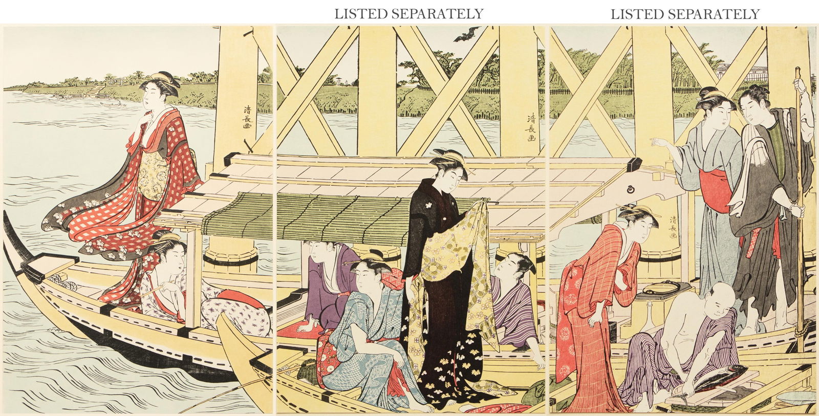 1964 After Kiyonaga "Pleasure Boating Under the Okawa Bridge", Full-Color Print From Japan - 10