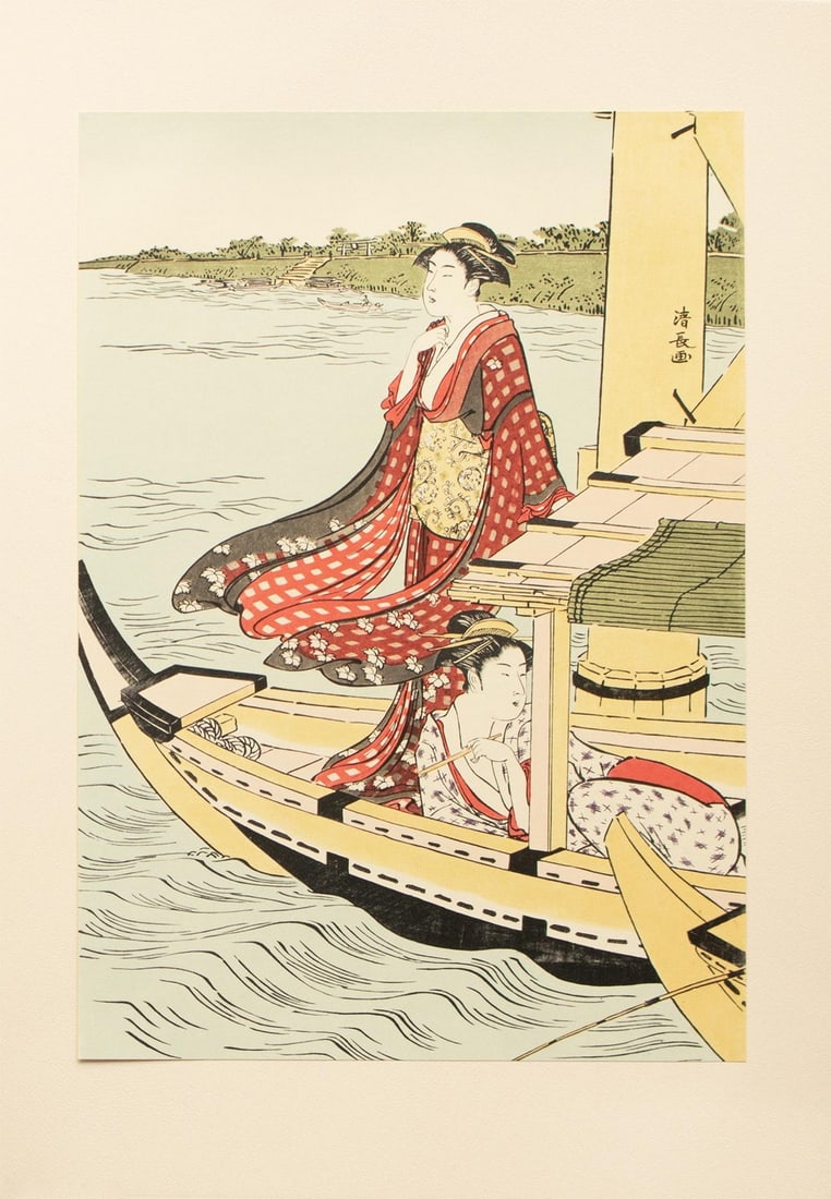 1964 After Kiyonaga "Pleasure Boating Under the Okawa Bridge", Full-Color Print From Japan: A stunning large full-color Ukiyo-E Hanga print after original woodblock print "Pleasure Boating Under the Okawa Bridge" by Kiyonaga (1752-1815), one part of Triptych. Comes from a rare Collection of